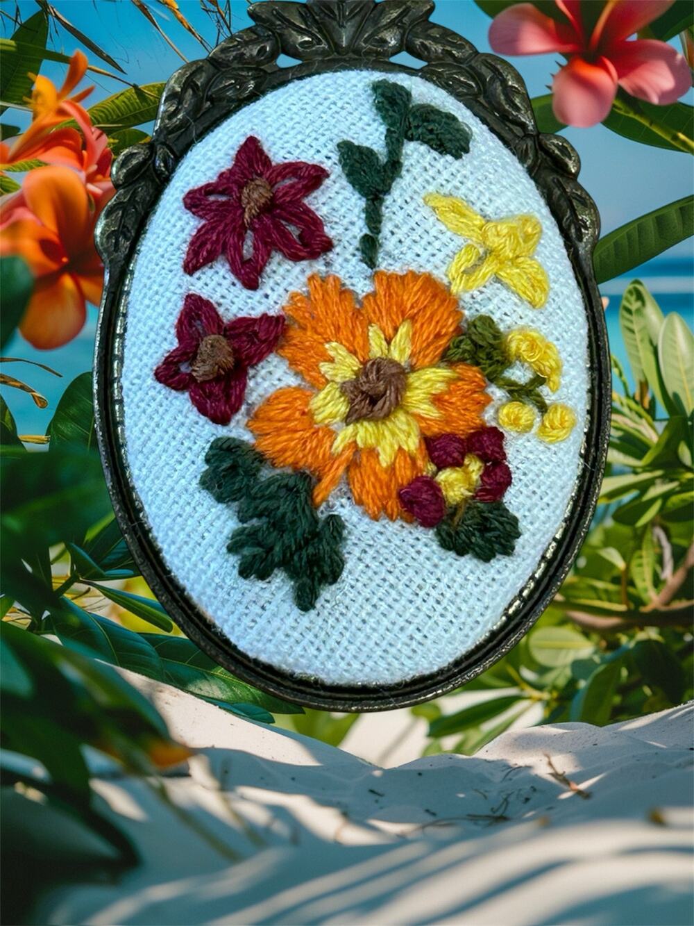 Autumn Floral Handmade Embroidery Necklace - Orange, Red, & Yellow Flowers